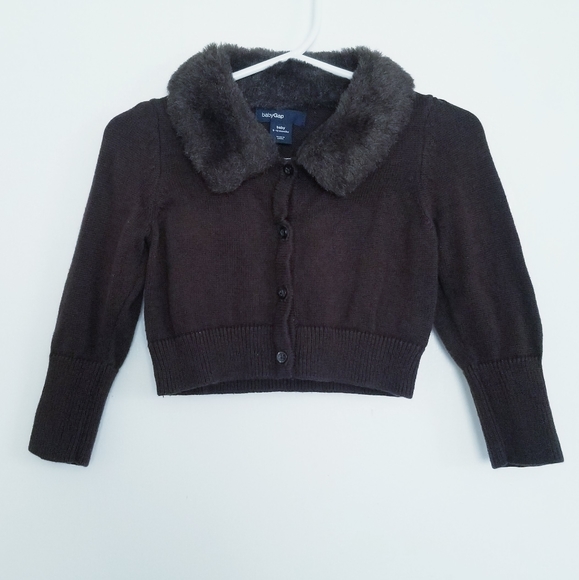 Baby GAP Brown Cardigan Sweater Faux Fur Collar Size 6-12 Months - Picture 2 of 10